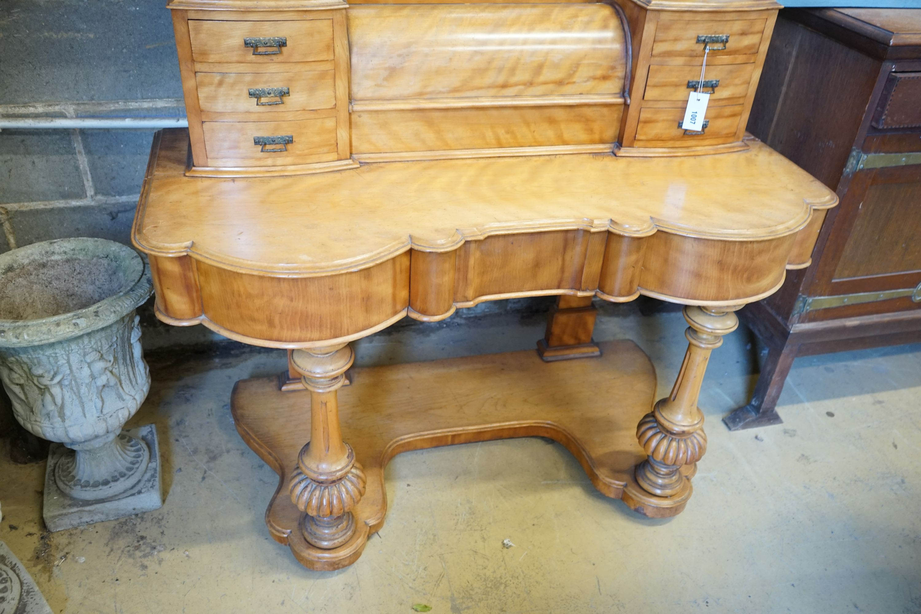 A Victorian satin birch duchess dressing table, width 122cm, depth 55cm, height 195cm